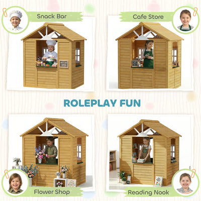 AIYAPLAY Outdoor Kids Playhouse, Wooden Wendy House with Door, 3 Windows, 2 Flower Boxes for Garden, Indoor Playroom 