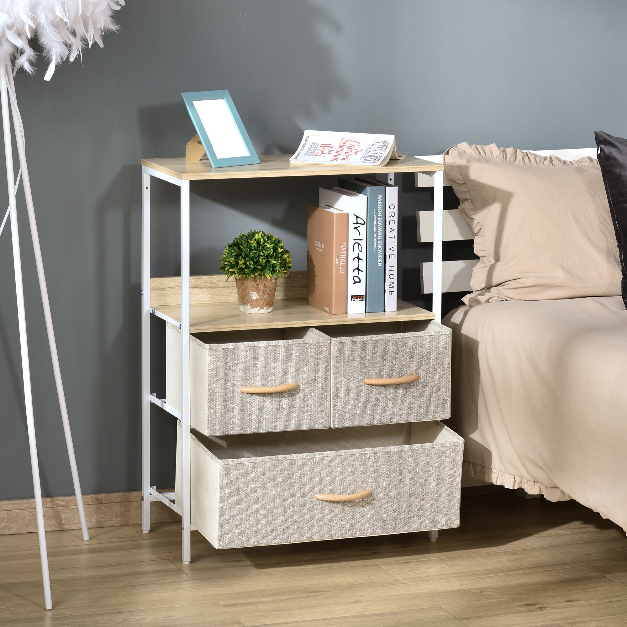 HOMCOM 3 Drawer Storage Chest Unit Home Cabinet w/ Shelves Home Living Room Bedroom Entryway Living Furniture, Light Grey 