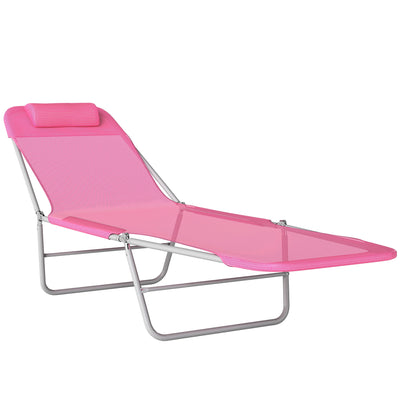 Outsunny Folding Sun Lounger with Head Pillow - Pink 