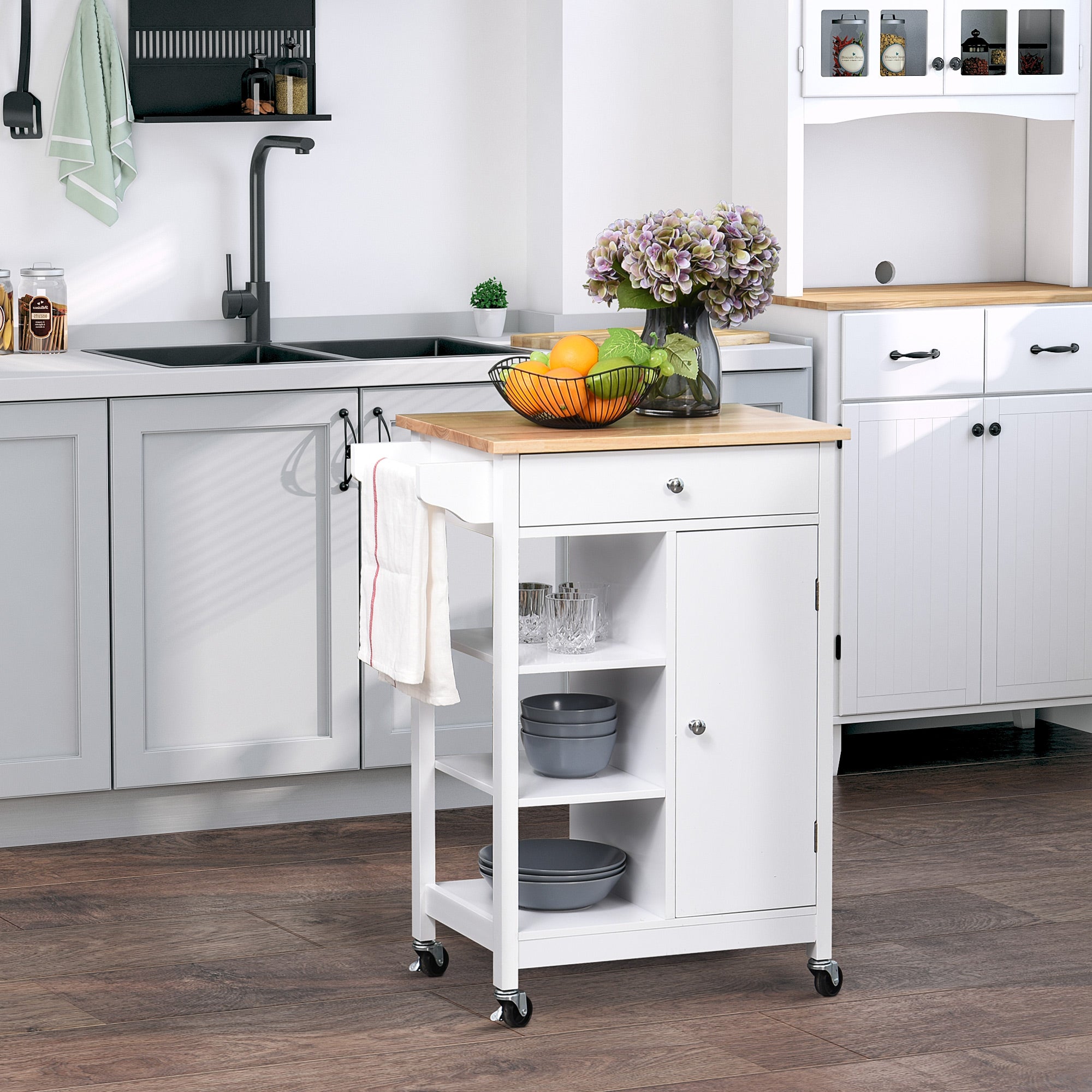 HOMCOM Kitchen Trolley, Kitchen Island on Wheels, w/ Wood Top, 3 Shelves and Storage Cupboard, White 