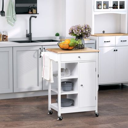 HOMCOM Kitchen Trolley, Kitchen Island on Wheels, w/ Wood Top, 3 Shelves and Storage Cupboard, White 