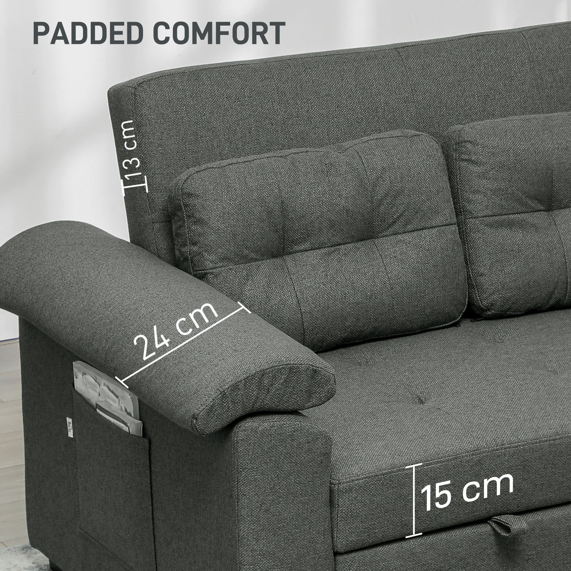 HOMCOM Pull Out Sofa Bed with 2 Pocket Springs, Fabric 2 Seater Click Clack Sofa Bed Settee, Convertible Sofa Couch with Pillows and Side Pockets for Living Room, Home Office, Charcoal Grey 