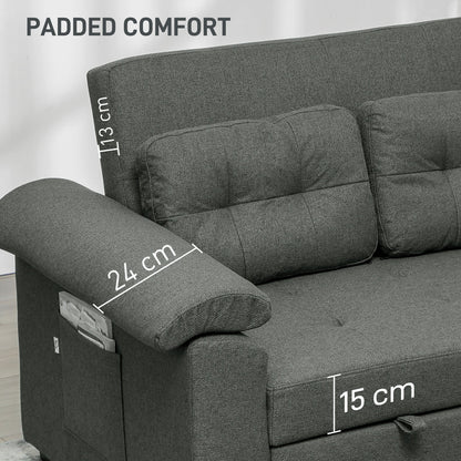 HOMCOM Pull Out Sofa Bed with 2 Pocket Springs, Fabric 2 Seater Click Clack Sofa Bed Settee, Convertible Sofa Couch with Pillows and Side Pockets for Living Room, Home Office, Charcoal Grey 