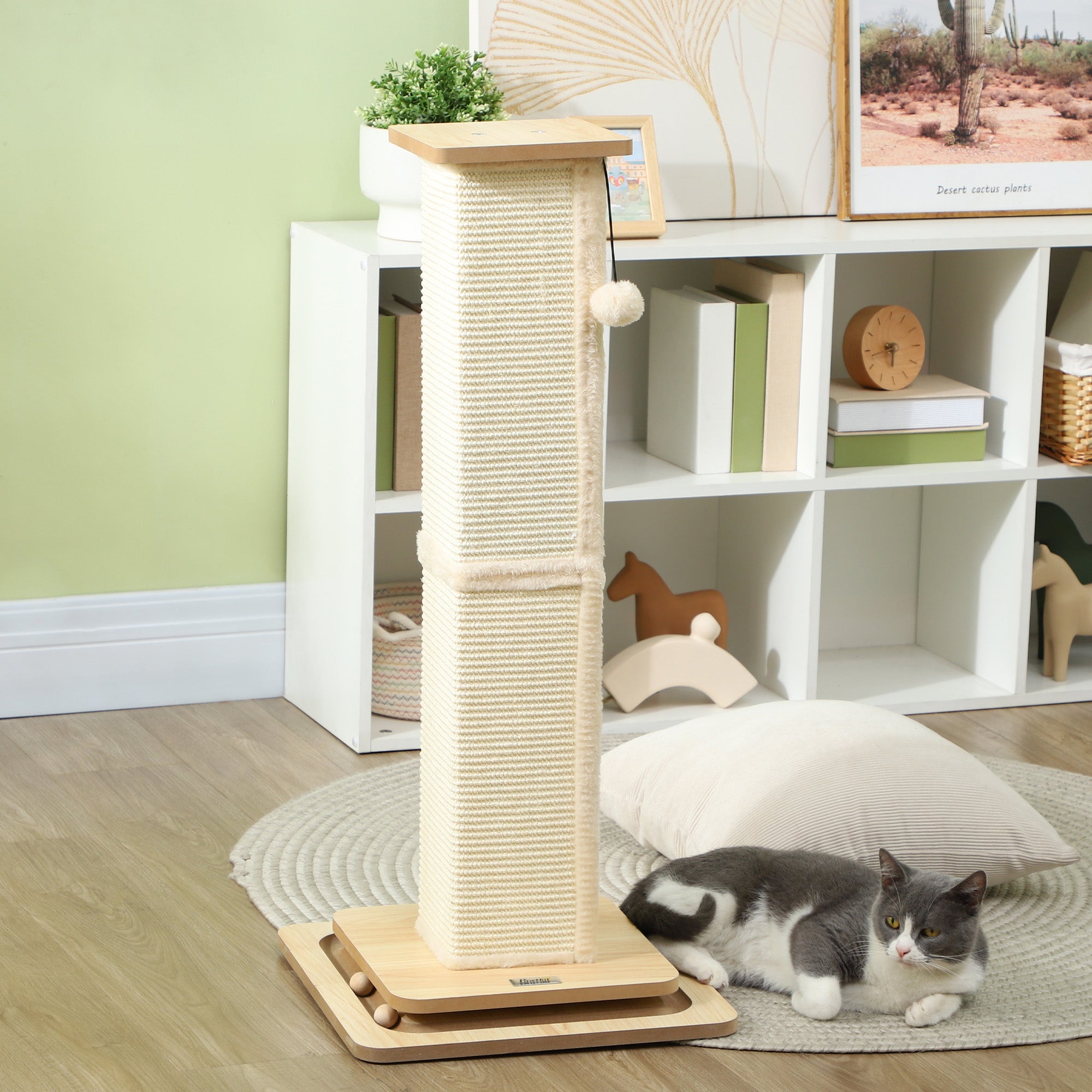 PawHut 3-in-1 Cat Scratching Post, 87cm Cat Scratcher w/ Track Ball Toy, Oak Tone 