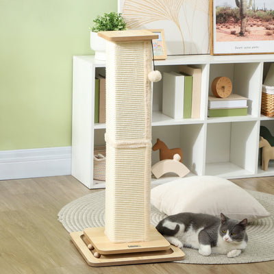 PawHut 3-in-1 Cat Scratching Post, 87cm Cat Scratcher w/ Track Ball Toy, Oak Tone 