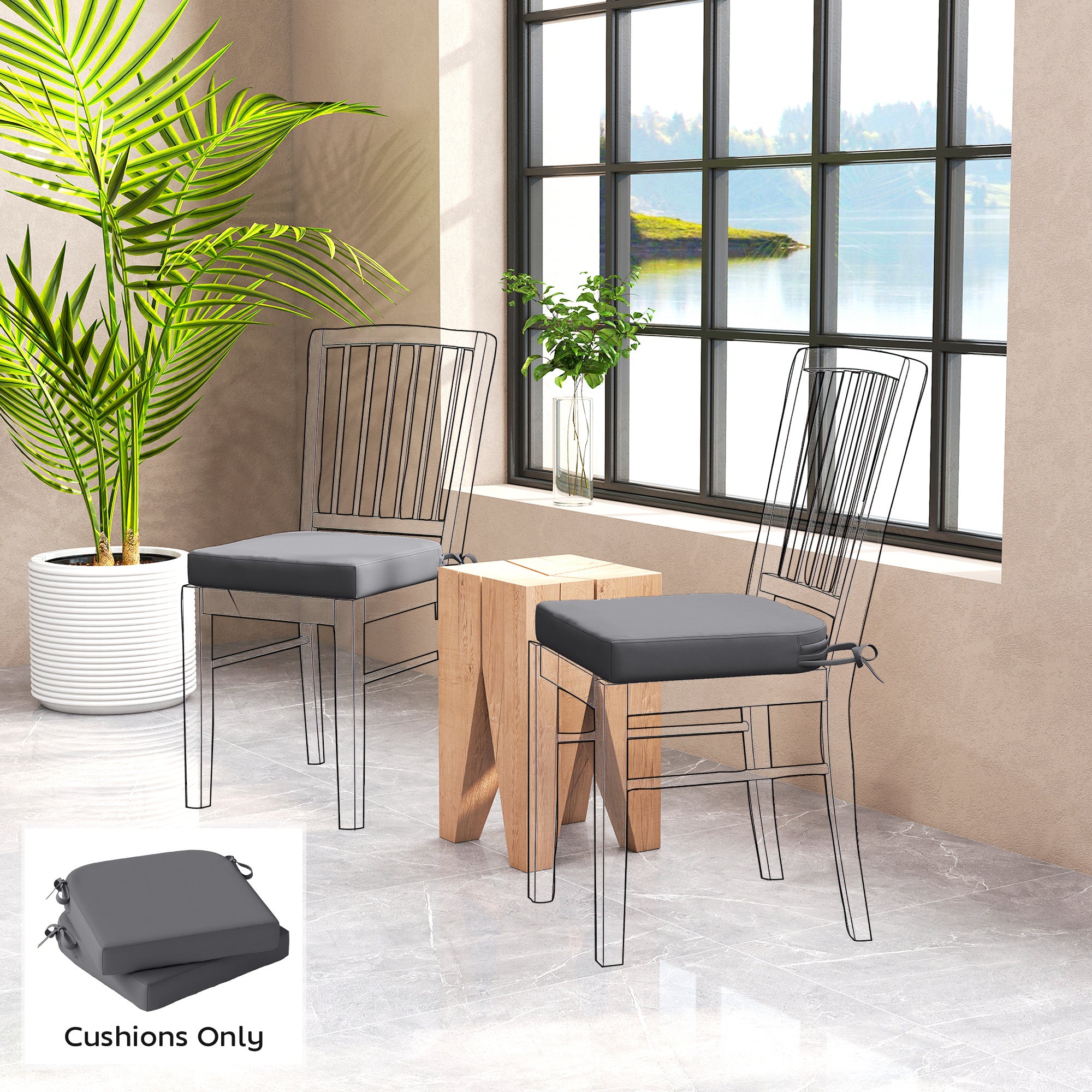 Outsunny Outdoor Chair Seat Cushions Set of 2, Garden Chair Cushions with 7cm Thick Foam & Ties, Dark Grey 