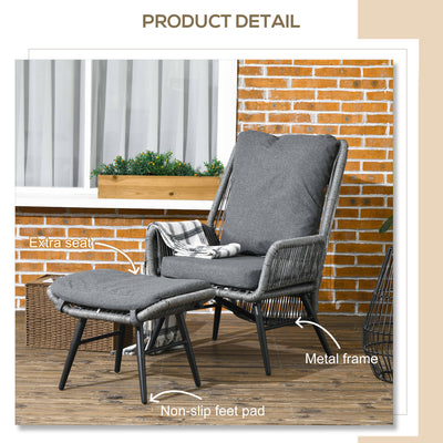 Outsunny String Rattan Armchair and Footstool Set, with Cushions - Grey 