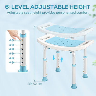 HOMCOM 6-Level Height Adjustable Aluminium Bath Room Stool Chair Shower Non-Slip Design w/ Padded Seat Drainage Holes Foot Pad, Turquoise 