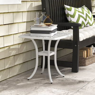 Outsunny Cast Aluminium Bistro Table, Outdoor Square Side Table with Umbrella Hole, Garden Table for Balcony, White 