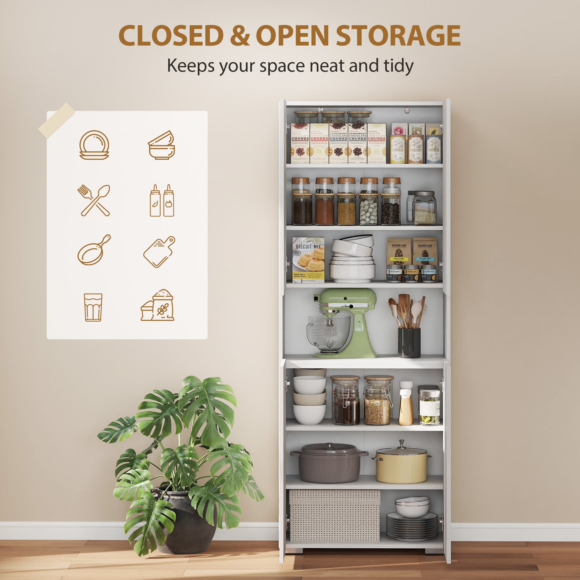 HOMCOM 180 cm Tall Kitchen Cupboard, Pantry Storage Cabinet with Soft Close Doors and Adjustable Shelves, High Gloss White 