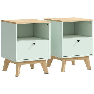 HOMCOM Modern Nightstand Set of 2, Bedside Table with Drawer and Open Shelf, Side End Table for Bedroom, Light Green 