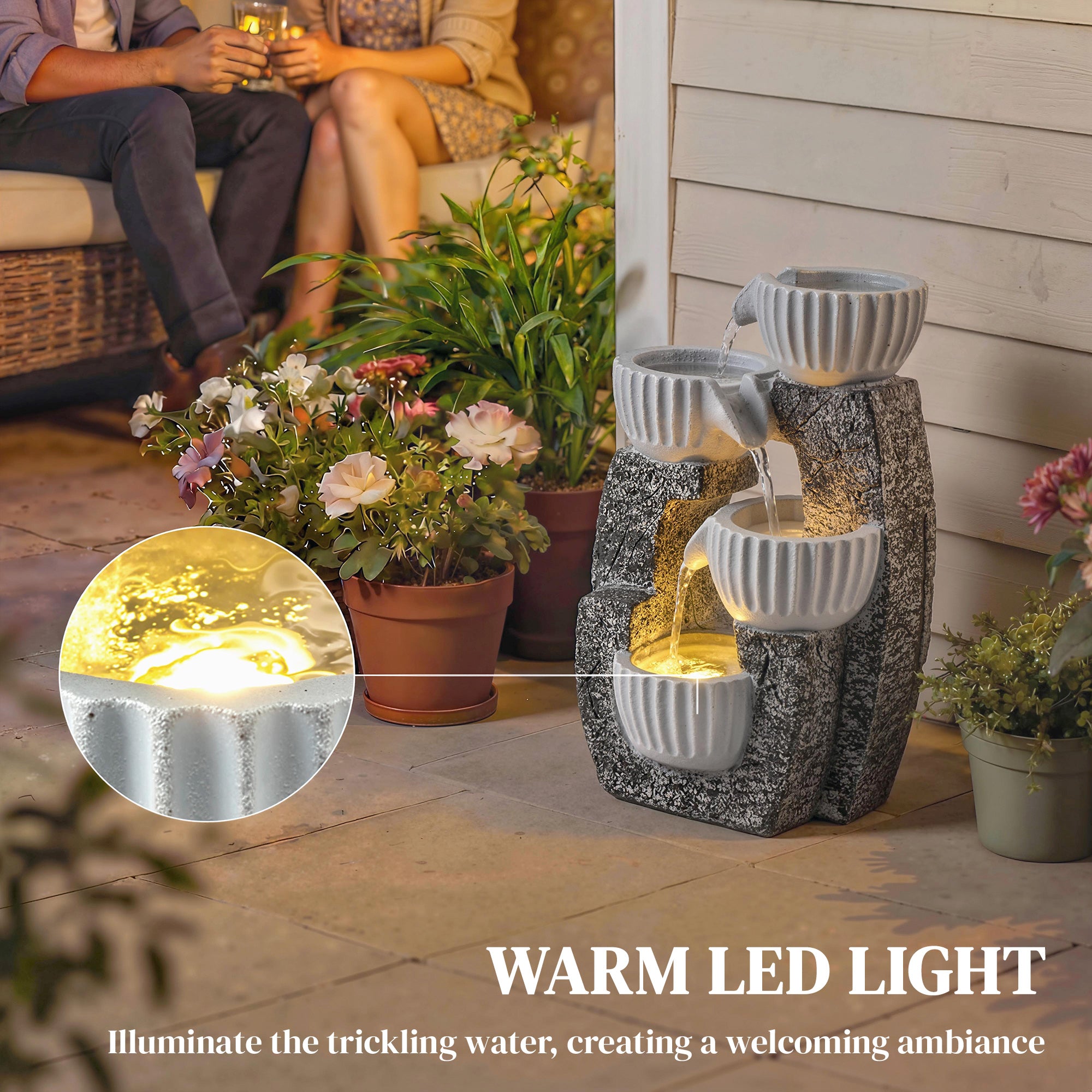 Outsunny 4-Tier Bowl Water Feature, Indoor Outdoor Garden Water Fountain with Pump and LED Lights, Resin Cascading Waterfall 