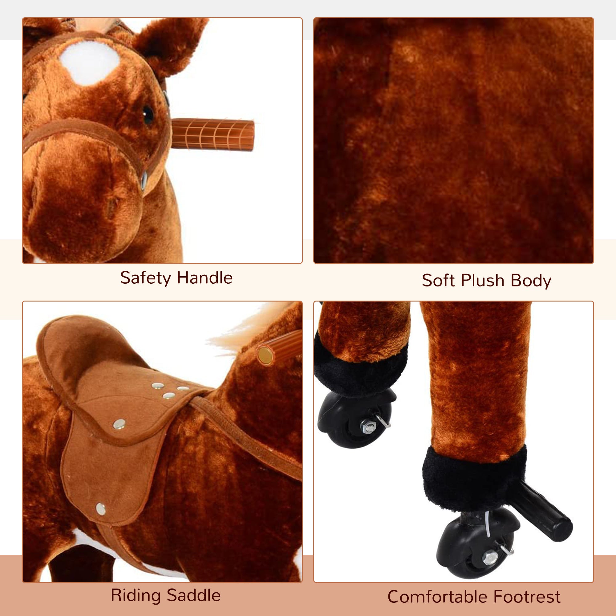 HOMCOM Plush Walking Horse Ride On Toy with Wheels and Realistic Sounds Rocking Horse for Girls Boys 3+ Years Old, 50cm Tall, Brown 