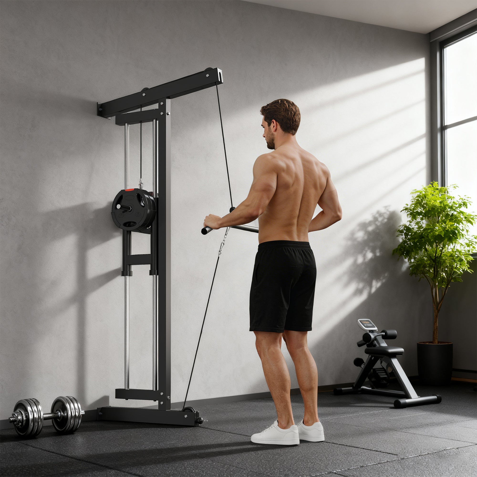 SPORTNOW Wall Mounted Lat Pull Down Machine, Crossover Cable Machine with High & Low Pulleys for Home Gym Full Body Workout 
