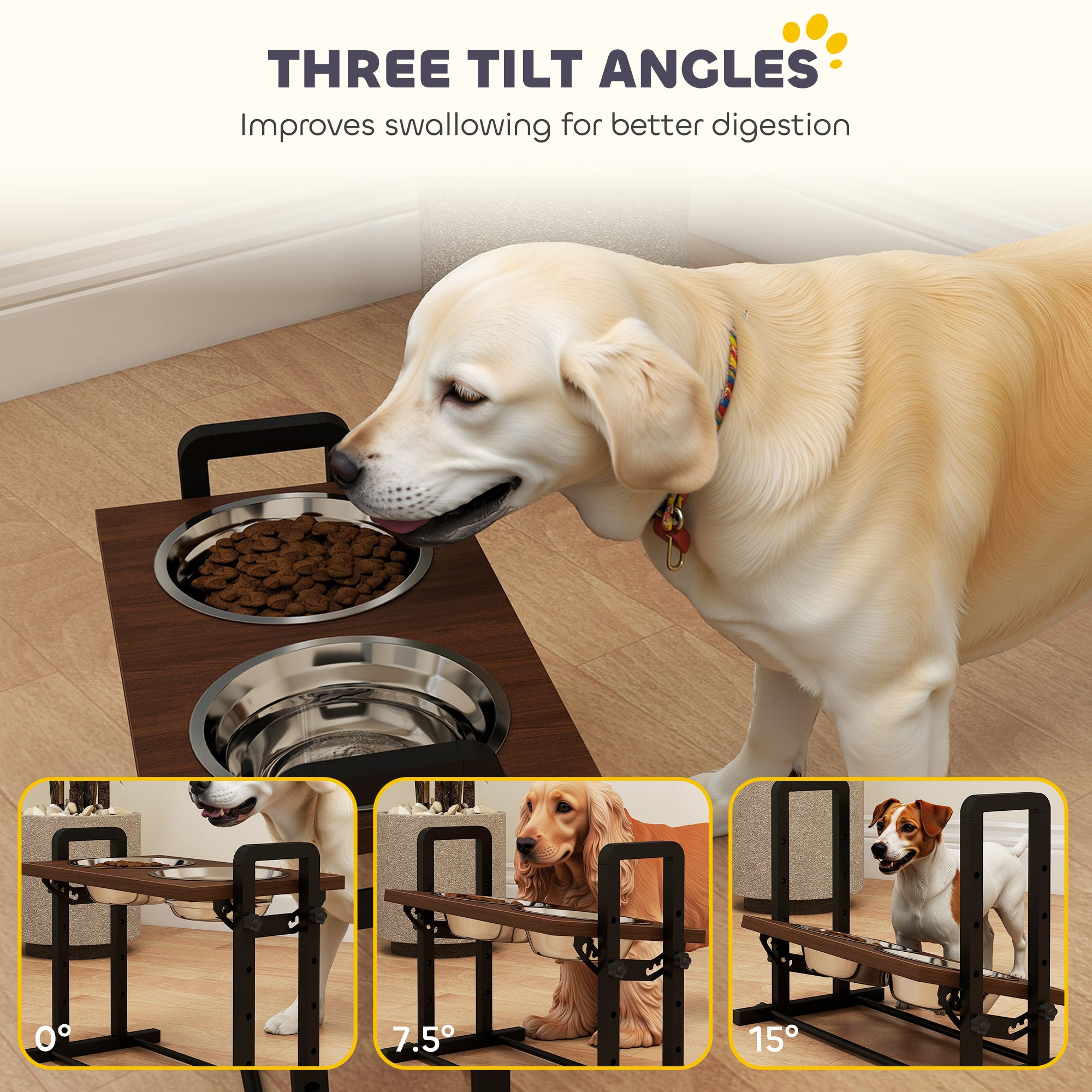 PawHut Raised Dog Bowls with Stand, 4 Heights Adjustable Pet Feeder with 3 Adjustable Angles for Small, Medium & Large Breeds, Brown 