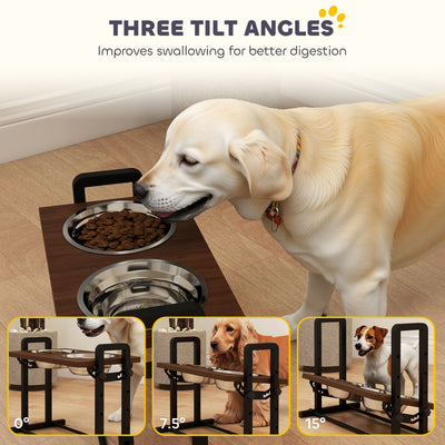 PawHut Raised Dog Bowls with Stand, 4 Heights Adjustable Pet Feeder with 3 Adjustable Angles for Small, Medium & Large Breeds, Brown 