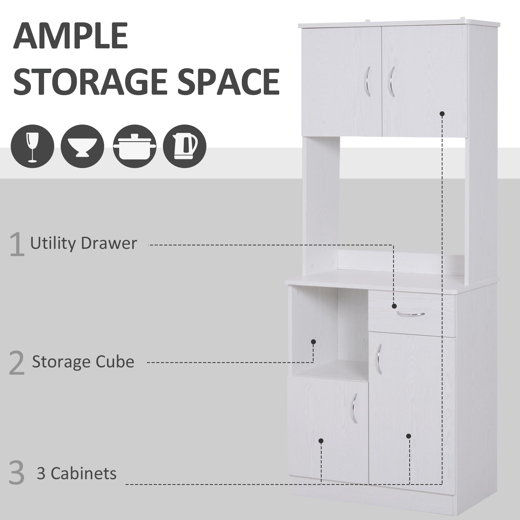 HOMCOM Tall Kitchen Cupboard, Kitchen Cabinet with Doors, Shelves, Drawer and Open Countertop, Storage Cabinet for Living Room, Dining Room, White 