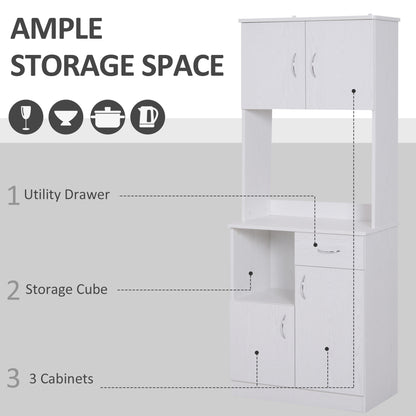 HOMCOM Tall Kitchen Cupboard, Kitchen Cabinet with Doors, Shelves, Drawer and Open Countertop, Storage Cabinet for Living Room, Dining Room, White 