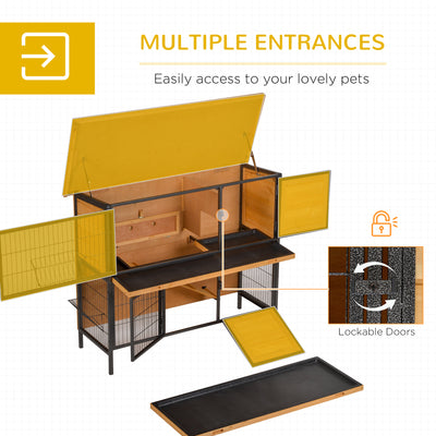 PawHut Rabbit Hutch Outdoor Guinea Pig Hutch Bunny Cage Metal Frame with  No-Leak Tray Openable Roof Light Yellow 122 x 50 x 101cm 