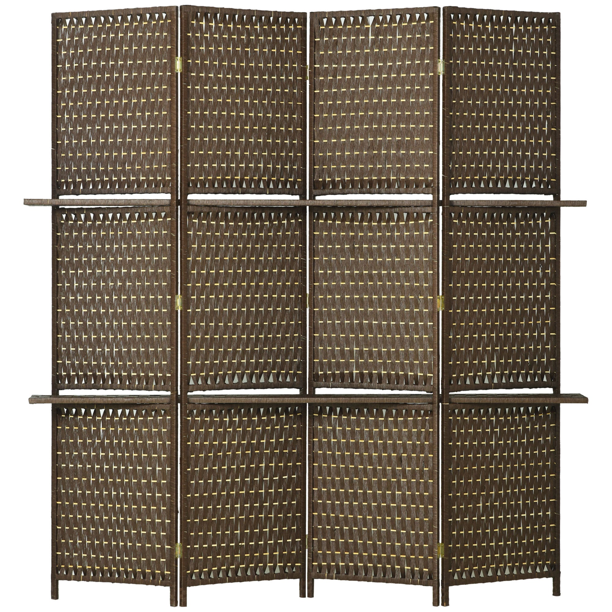 HOMCOM 4-Panel Room Dividers with Shelves, Wave Fibre Freestanding Folding Privacy Screen Panels, Partition Wall Divider for Indoor Bedroom Office, 180\'c2\'a0cm, Brown 