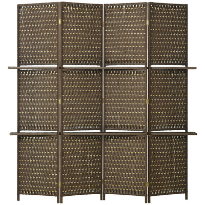 HOMCOM 4-Panel Room Dividers with Shelves, Wave Fibre Freestanding Folding Privacy Screen Panels, Partition Wall Divider for Indoor Bedroom Office, 180\'c2\'a0cm, Brown 