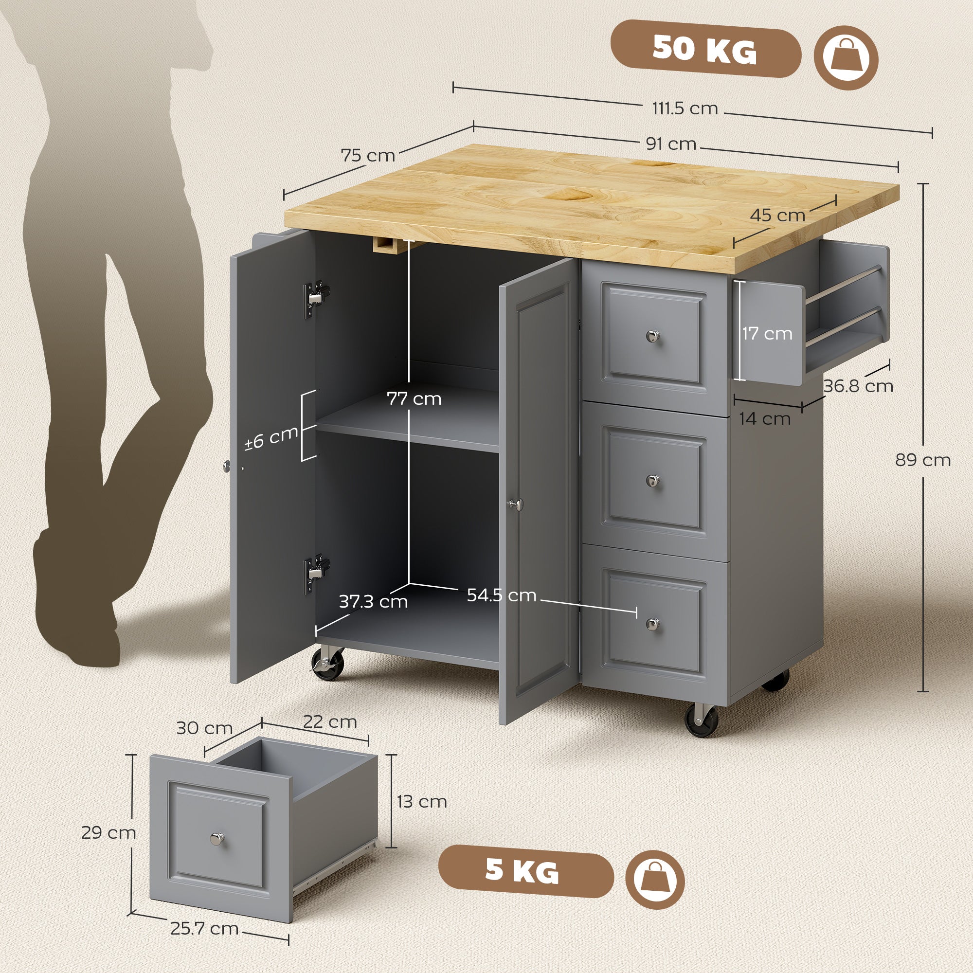 HOMCOM Kitchen Island on Wheels, Rolling Kitchen Storage Trolley with Drop Leaf, Drawers, Towel and Spice Rack, Grey 