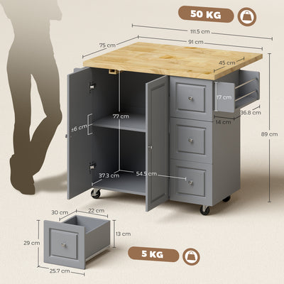HOMCOM Kitchen Island on Wheels, Rolling Kitchen Storage Trolley with Drop Leaf, Drawers, Towel and Spice Rack, Grey 