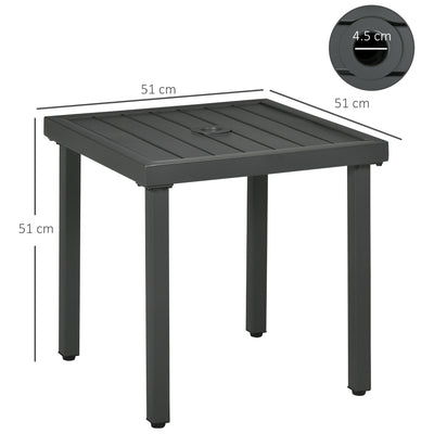 Outsunny Garden Side Table, 51x51cm Square Patio Coffee Table with Umbrella Hole, End Table with Steel Frame for Balcony, Grey 