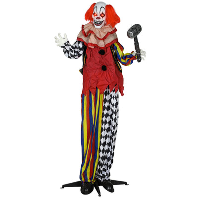 Outsunny 173 cm Life Size Halloween Animated Standing Clown & Hammer with Red Light Up Eyes, Sound Activated Moving Arms & Head, Scary Clown Halloween Decorations, Battery Operated, Indoor Party Props 