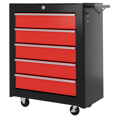 HOMCOM 5-Drawer Tool Chest with Wheels, Steel Lockable Tool Storage Cabinet with Handle, 2 Keys for Garage, Workshop, Red 