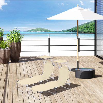 Outsunny 2 Pieces Outdoor Foldable Sun Lounger, 4 Level Adjustable Backrest Reclining Sun Lounger Chair with Angle Adjust Sun Shade Awning for Beach, Garden, Patio, Beige 