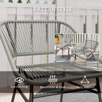 Outsunny 3 Pieces Rattan Bistro Set, Wicker Small Garden Table and Chairs Set with Cushions and Glass Top Coffee Table, Bistro Garden Furniture Set for Outdoor, Patio, Balcony, Light Grey 