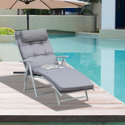 Outsunny Steel Frame Outdoor Garden Padded Sun Lounger w/ Pillow Grey 