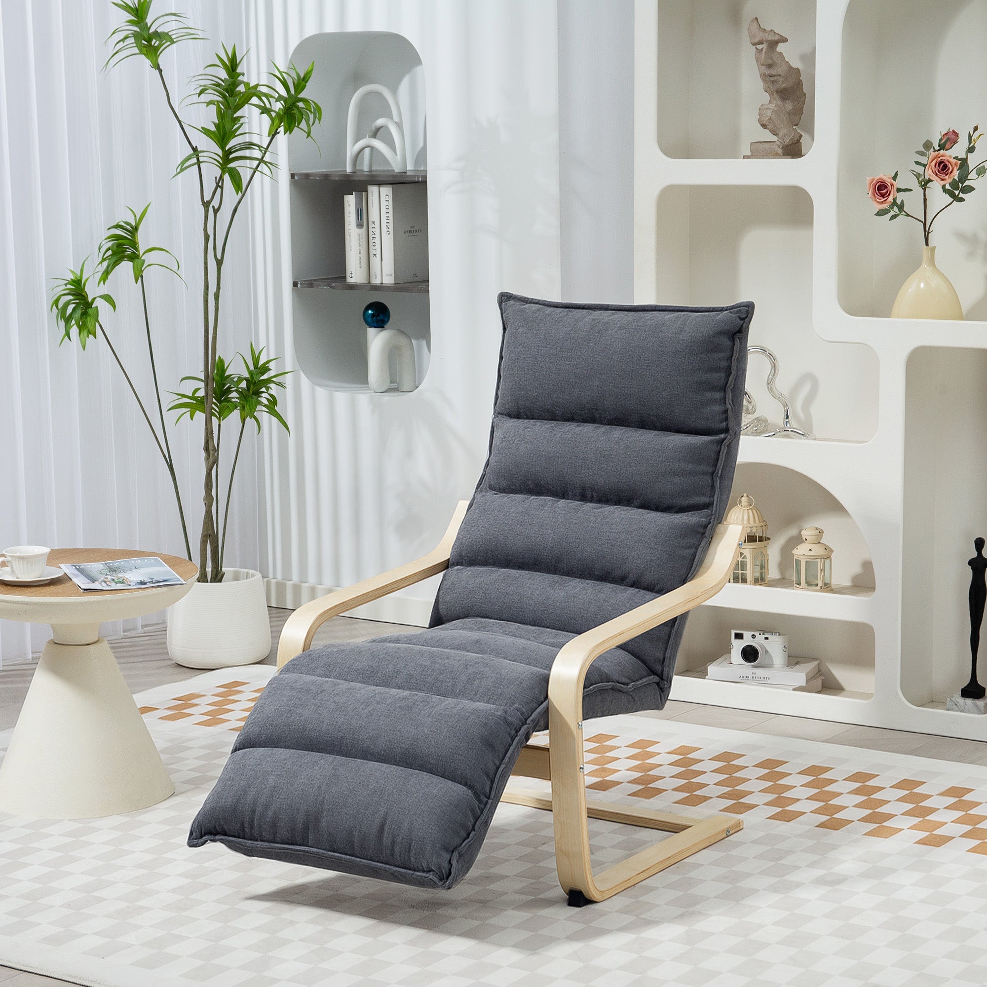HOMCOM Curved Wooden Accent Chair, with Adjustable Footrest - Drak Grey 