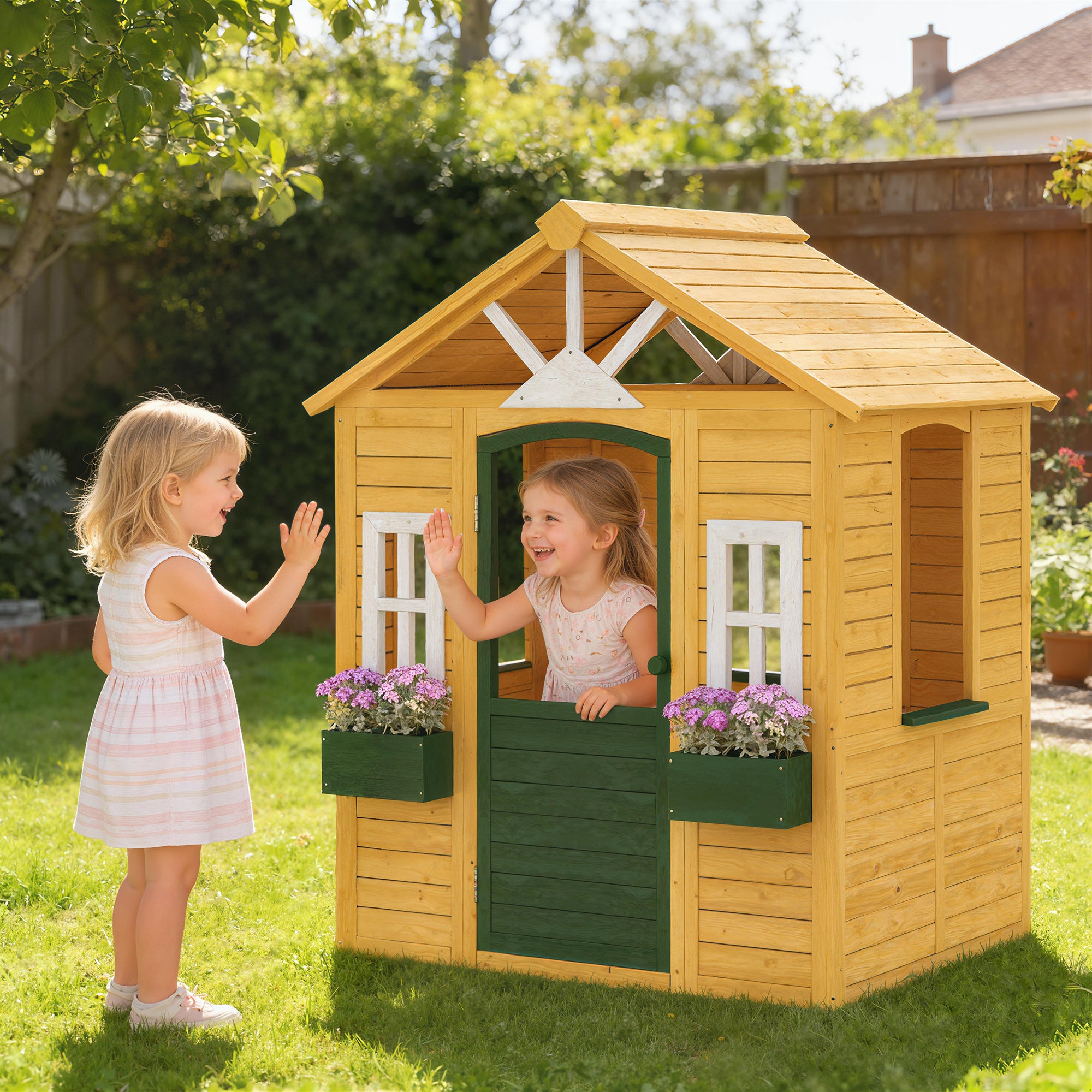 AIYAPLAY Outdoor Kids Playhouse, Wooden Wendy House with Door, 3 Windows, 2 Flower Boxes for Garden, Indoor Playroom 