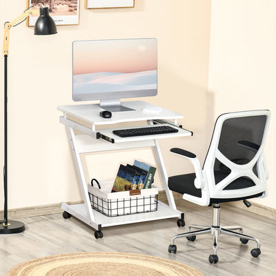 HOMCOM Movable Computer Desk with 4 Moving Wheels Sliding Keyboard Tray Home Office Workstation White 