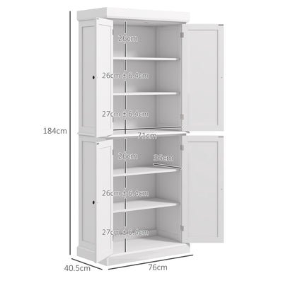 HOMCOM Freestanding Kitchen Cupboard with 4 Doors, Storage Cabinet with 6-Tier Shelving and 4 Adjustable Shelves, White 