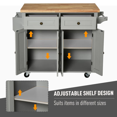 HOMCOM Rolling Kitchen Island Storage Trolley with Rubber Wood Top & Drawers for Dining Room, Grey 