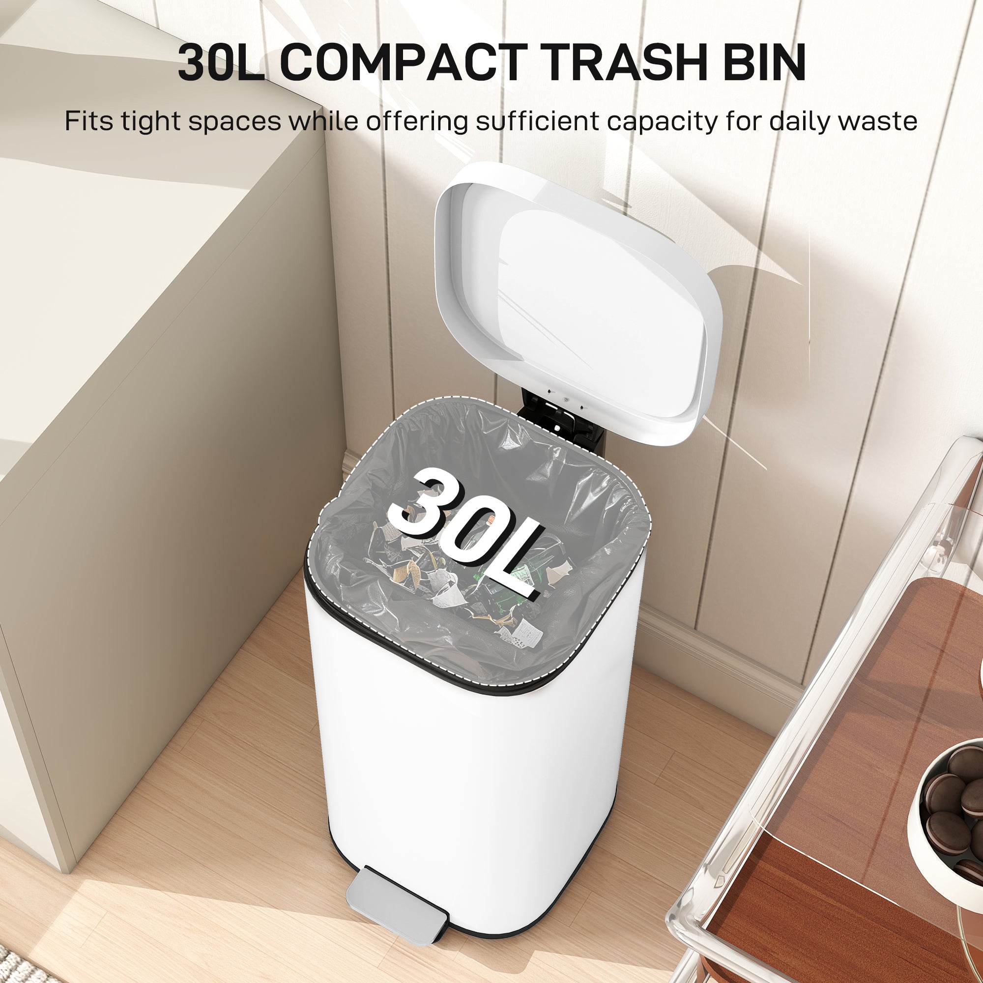 HOMCOM 30L Kitchen Bin, Compact Pedal Bin with Soft-Close and Stay-Open Lid, Removable Bucket for Kitchen, Home, Office, White 