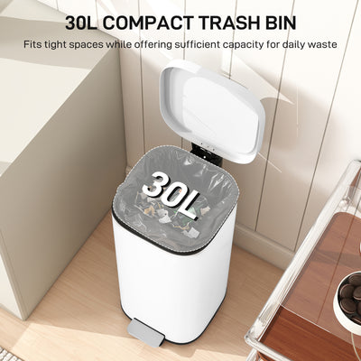 HOMCOM 30L Kitchen Bin, Compact Pedal Bin with Soft-Close and Stay-Open Lid, Removable Bucket for Kitchen, Home, Office, White 