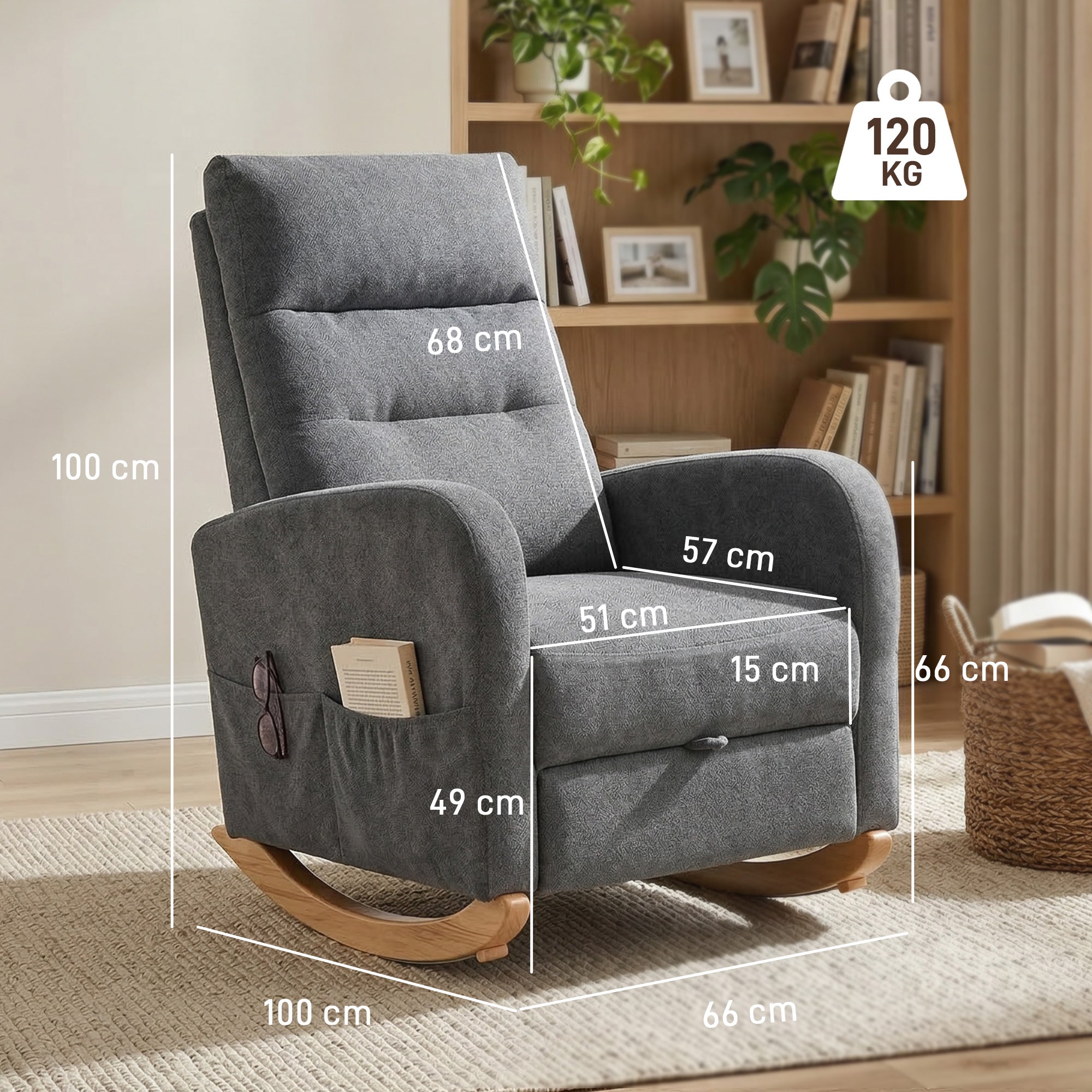 HOMCOM Upholstered Rocking Chair Retractable Footrest Rocker Chair High Back for Living Room Grey 