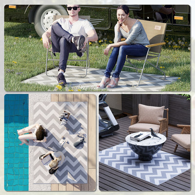 Outsunny Reversible Outdoor Rug, 1.2 x 1.8m Patio Carpet, Waterproof Plastic Rug for Garden, Deck, Picnic, Beach, Camping, Grey and White 