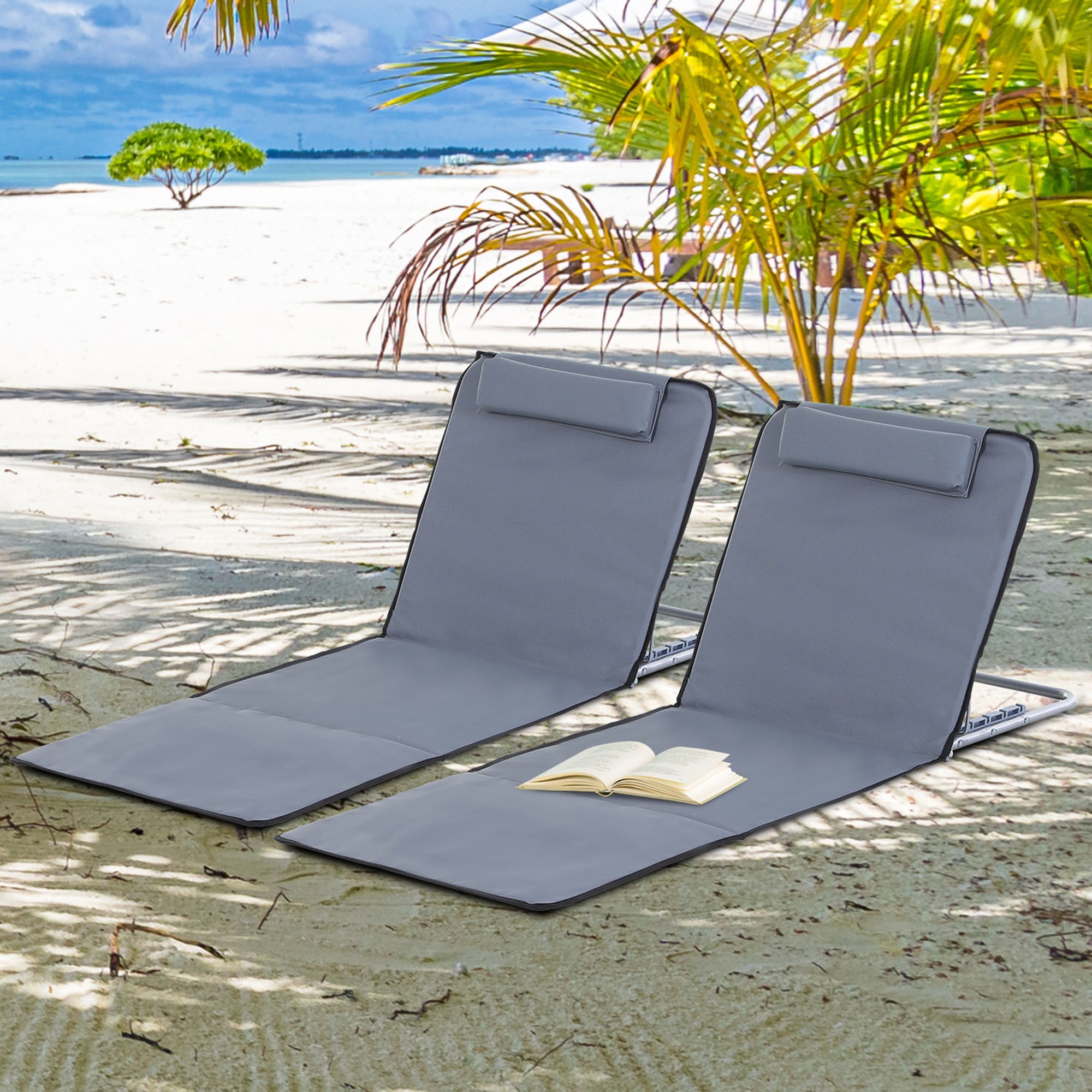 Outsunny Set of 2 Foldable Garden Beach Chair Mat Lightweight Outdoor Sun Lounger Seats Adjustable Back Metal Frame PE Fabric Head Pillow w/ Carry Bag,Grey 