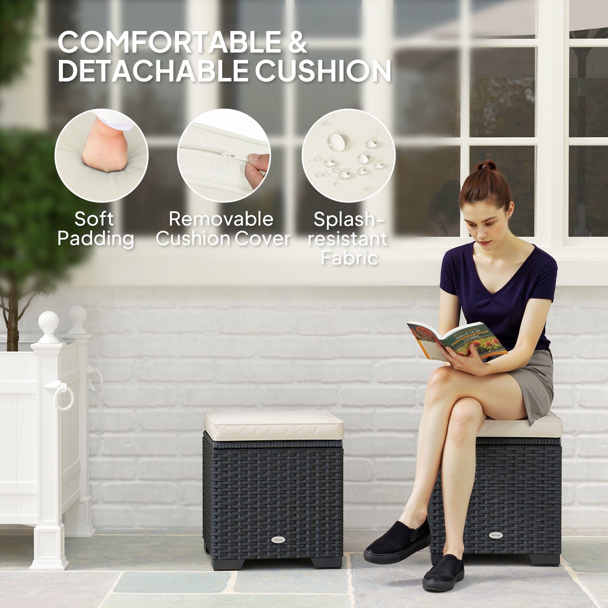 Outsunny Set of 2 Rattan Storage Ottoman, Outdoor Footstool with Removable Cushions, Garden Storage Seat for Balcony, Poolside, Living Room, Cream 