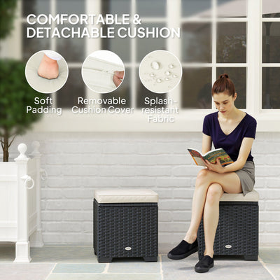 Outsunny Set of 2 Rattan Storage Ottoman, Outdoor Footstool with Removable Cushions, Garden Storage Seat for Balcony, Poolside, Living Room, Cream 