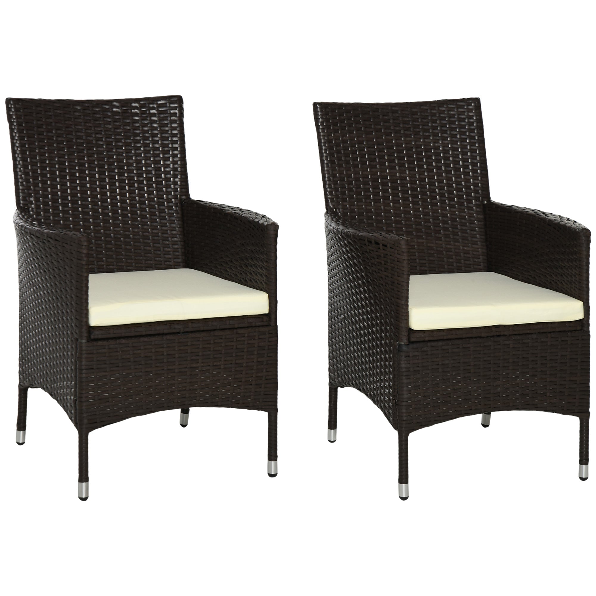 Outsunny 2 Pieces Outdoor PE Rattan Dining Chairs Set with Cushion, Garden Armchair with Armrests, High Backrest, Metal Frame Patio Wicker Furniture, Coffee 