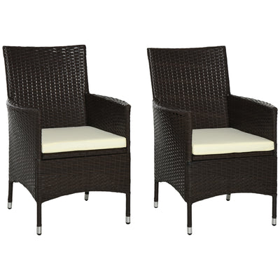 Outsunny 2 Pieces Outdoor PE Rattan Dining Chairs Set with Cushion, Garden Armchair with Armrests, High Backrest, Metal Frame Patio Wicker Furniture, Coffee 