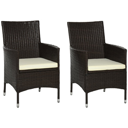 Outsunny 2 Pieces Outdoor PE Rattan Dining Chairs Set with Cushion, Garden Armchair with Armrests, High Backrest, Metal Frame Patio Wicker Furniture, Coffee 