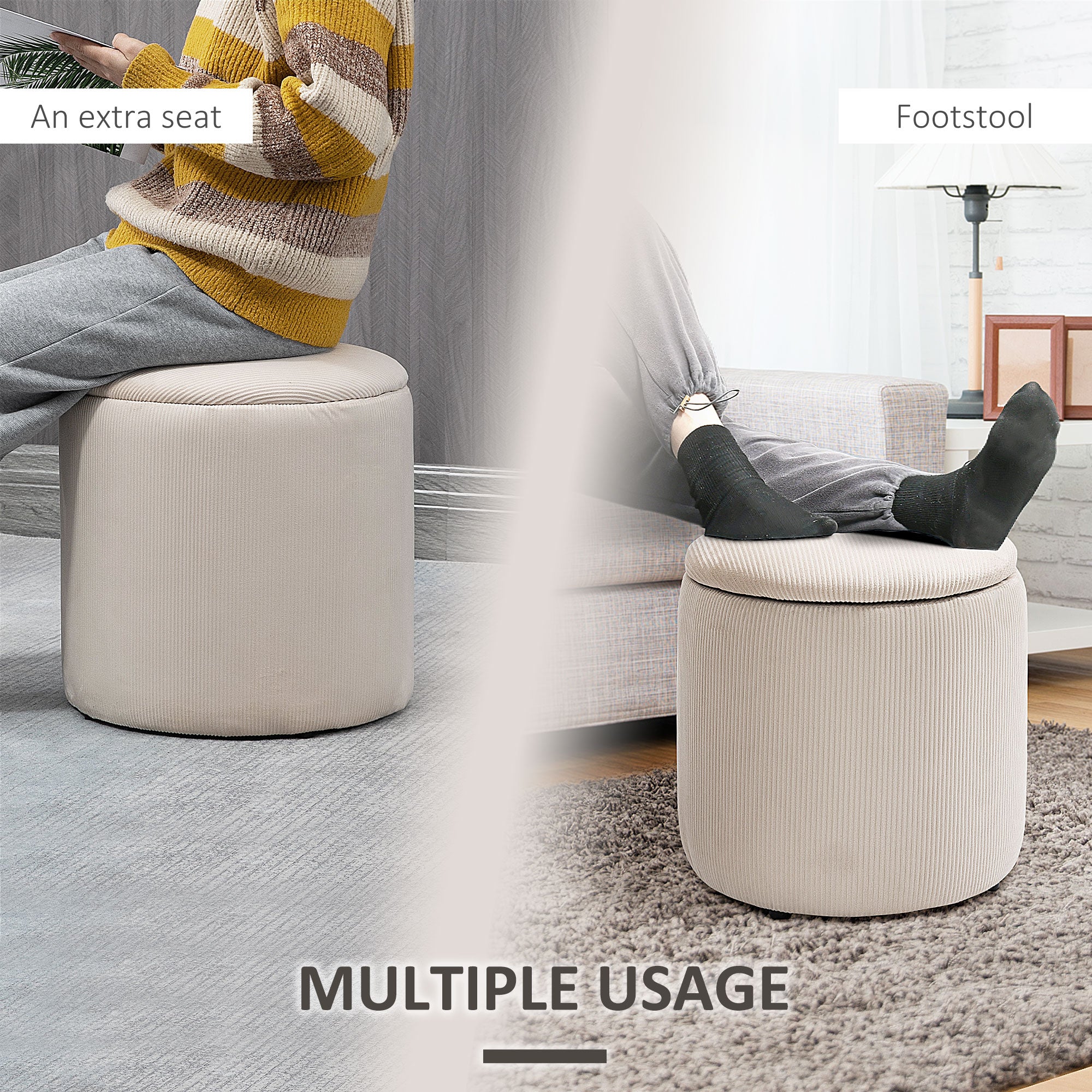 HOMCOM Modern Storage Ottoman with Removable Lid, Fabric Storage Stool, Foot Stool, Dressing Table Stool Side Table, Set of 2, Cream White
