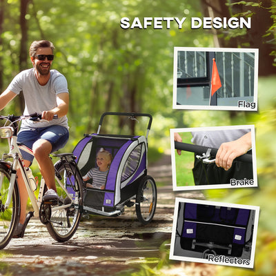 HOMCOM Baby Bike Trailer with 5 Point Harness, Steel Frame, Reflectors, Safety Flag, Hitch Coupler, Purple 